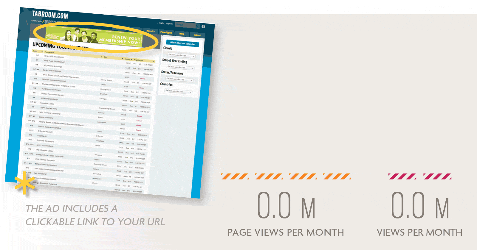 Tabroom Graphic. Millions of views per month. Peak time October-May. 6-10m pageviews per month. Off peak June to September. 2.5-6 Million pageviews per month.