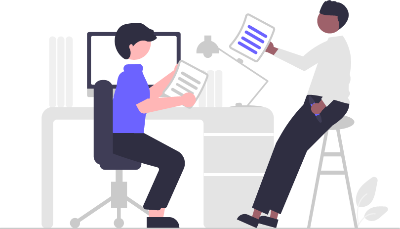 Two illustrated people discussing things at a desk